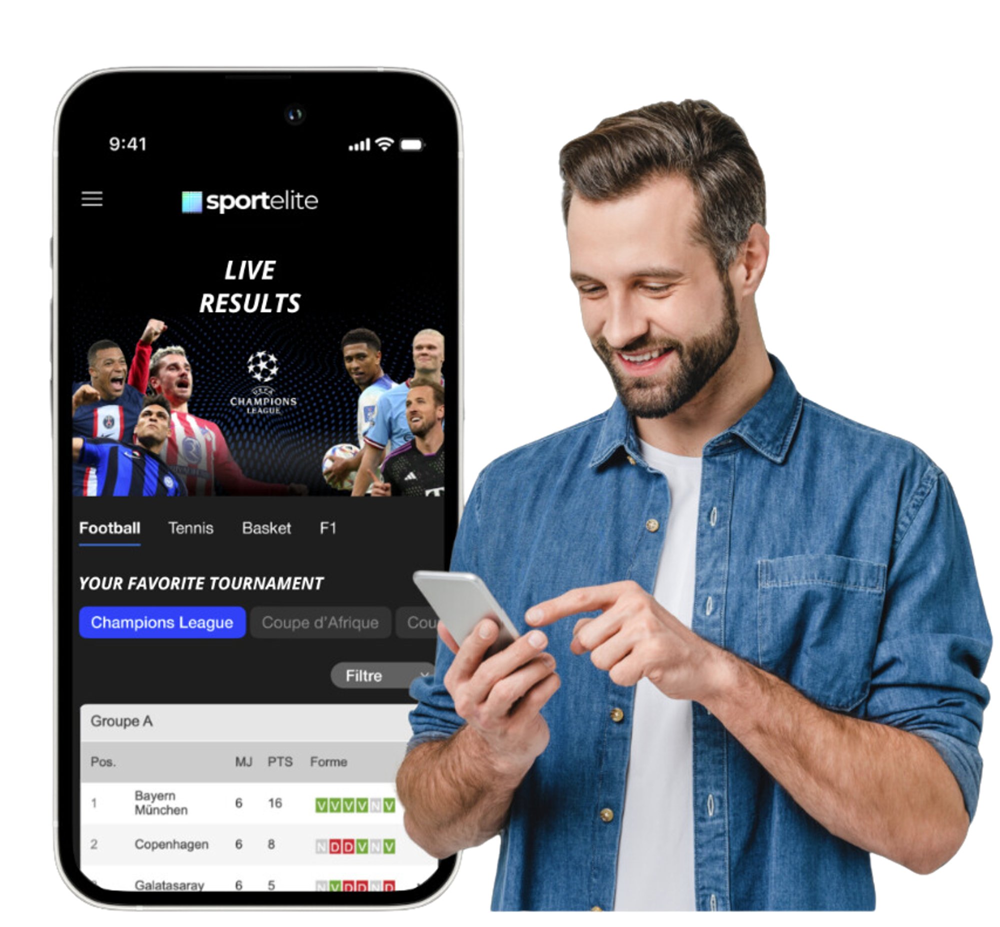 Image d'un iPhone avec un affichage du service Sportelite et à côté un homme qui regarde son téléphone avec un sourire aux lèvres